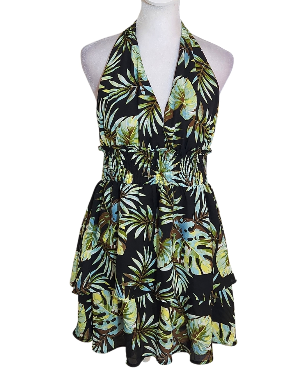 Madden NYC Green and Black Floral Print Halter Mini Dress Size Large